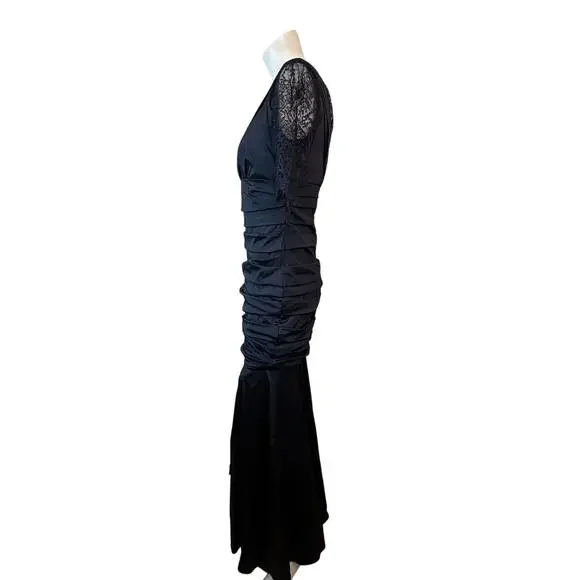 Theia Lace Sleeve Ruched Evening Dress 881865 Midnight Blue Mermaid Gown $748 8 - Picture 7 of 15